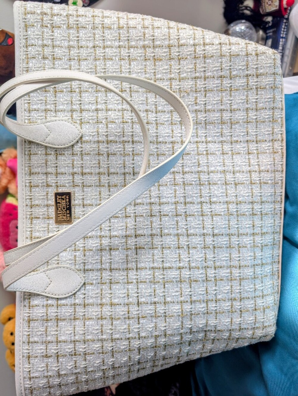 Badgley Mischka Tara Gold And White Tweed Tote Bag